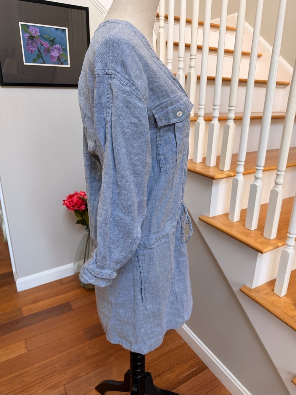Theory Size 12 Light Blue Drawstring Shirt Dress Pockets 3/4 sleeve lightweight - Picture 4 of 9